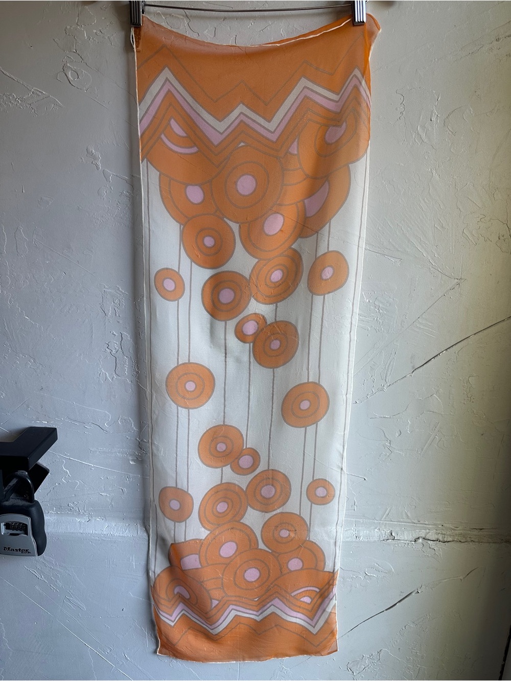 Vintage Japan Mod Scarf Vinyl Silk Blend 60s 70s Geometric Orange Pink 44x15